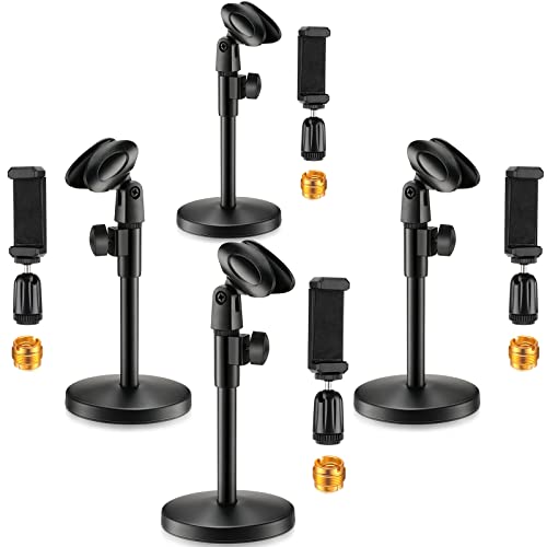 Hoteam 4 Pieces 3 in 1 Desktop Microphone Stand Adjustable Table Mic Stand Multi Function Mic Stand with Microphone Clip, Cell Phone Clip, 5/8