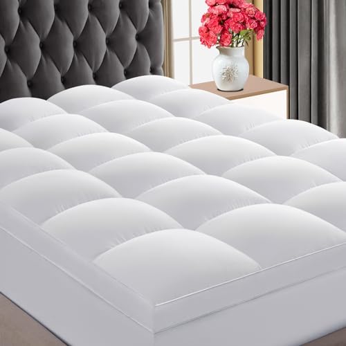 CHOKIT Luxury Soft 5D Spiral Fiber King Mattress Topper, Extra Thick Mattress Pad Cover for Back Pain Relief, Cooling Breathable Pillow Top Protector with 8-21