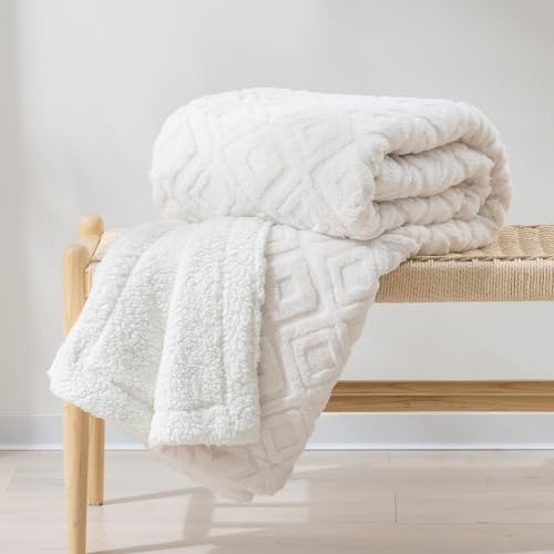 EVERGRACE Jacquard Boho Sherpa Fleece Throw Blanket for Couch, Super Soft Cozy Fuzzy Plush Blankets for Winter, Reversible Thick Warm Blanket for Bed, Sofa, Living Room, Off White, 50