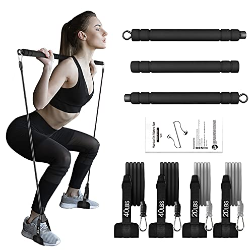 WeluvFit Pilates Bar Kit with Resistance Bands, Pilates Bar with Non-Slip Foot Belts /3-Section/Exercise Equipment for Women & Men, Home Workouts Stainless Steel Stick Squat Yoga for Full Body