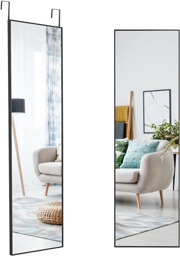 Mirrotek Full Length Mirror, Wall Mounted Floor Mirror with Hooks for Bedroom, Living Room, Dining Room, Kitchen, Bathroom, Entryway, 13.7 x 48 Inches, Black