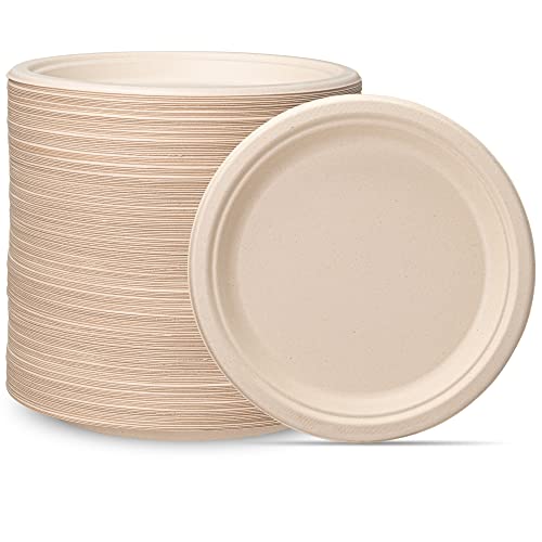 100% Compostable 9 Inch Heavy-Duty Paper Plates [250 Pack] Eco-Friendly Disposable Sugarcane Plates - Brown Unbleached