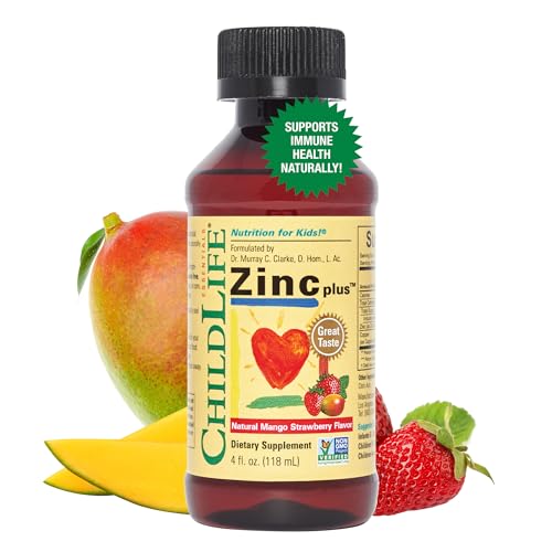 ChildLife Essentials Liquid Zinc Plus - All-Natural Support for Optimal Immune System Function in Children, Allergen-Free, Non-GMO, Zinc Drops for Kids - Mango Strawberry Flavor, 4 Fl Oz