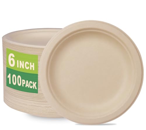 GreenWorks 100 Count 6“ Compostable Dessert Plates, Heavy-duty Unbleached Biodegradable Bagasse and Bamboo fiber Paper Plates