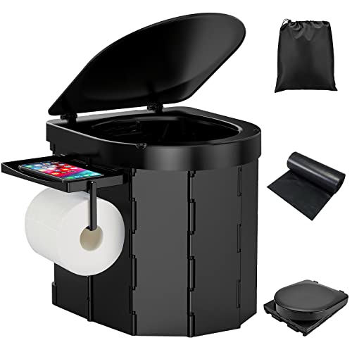 PAHTTO Portable Foldable Toilet for Adults with Detachable Phone Shelf and Paper Holder, Waterproof Porta Potty with Lid for Camping, Hiking, Long Road Trips, Car, Black