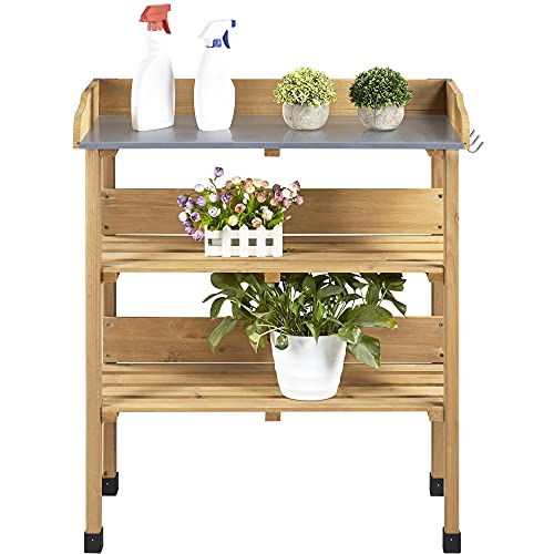 Yaheetech Outdoor Garden Potting Bench Table Wooden Horticulture Planting Worstation w/Metal Tabletop/Storage Shelf/3 Hooks, Natural Wood