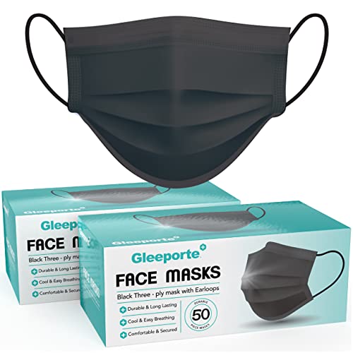 Gleeporte [Pack Of 100] Black Disposable Face Mask, 3-Ply Adult Masks, Facial Cover with Elastic Earloops For Home, Office, School, and Outdoors