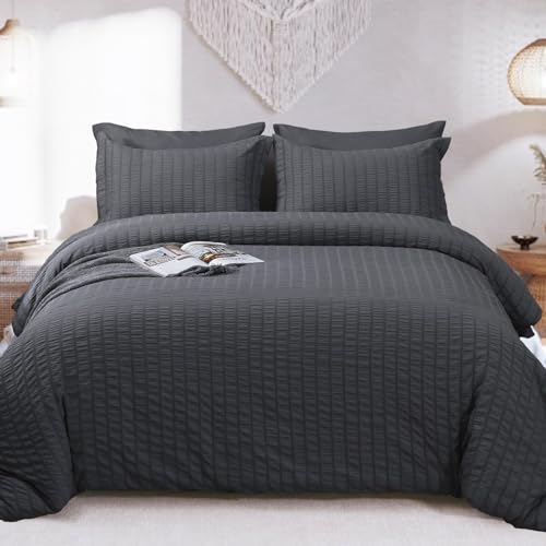 HYMOKEGE Queen Comforter Set Seersucker 7 Pieces, All Season Luxury Bed in a Bag for Bedroom, Bedding Set with Comforters, Sheets, Pillowcases & Shams, Dark Grey