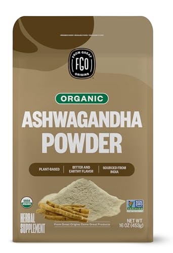 FGO Organic Ashwagandha Root Powder, Sourced from India, 16oz, Packaging May Vary (Pack of 1)
