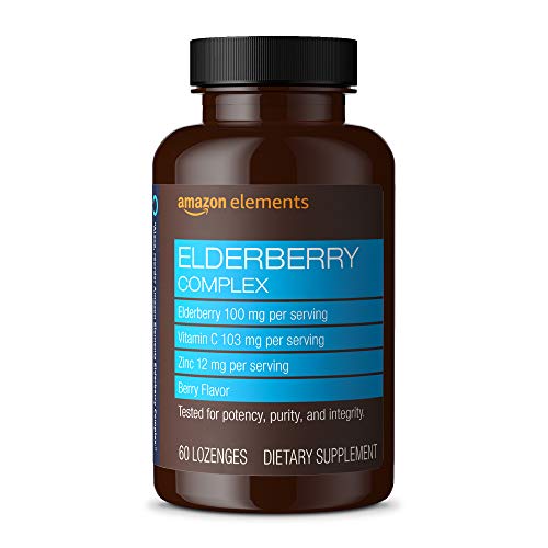 Amazon Elements Elderberry Complex, Immune System Support Tablet, Berry Flavored Lozenges, Adult, Unisex, 60 Count, Elderberry 100mg, Vitamin C 103mg, Zinc 12mg per Serving (Packaging may vary)