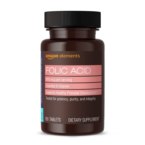 Amazon Elements Folic Acid 800 mcg per serving, Tablet, 180 Count, Pack of 1, Women