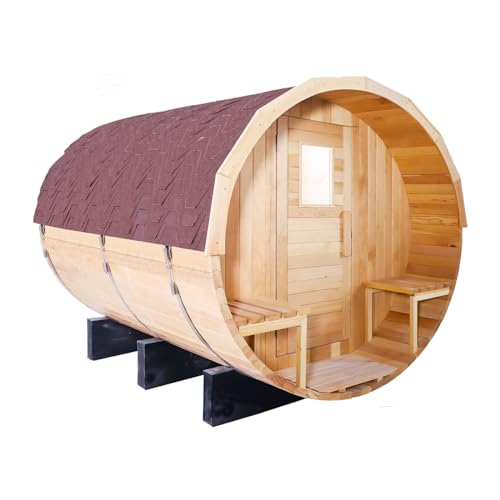 6 Person Outdoor Barrel Sauna with Front Porch, Canadian Hemlock Barrel Sauna Kit with Outdoor Waterproof Tile, 6KW Internally Controlled Sauna Stove, Lava Rocks and More (1800 * 2400)