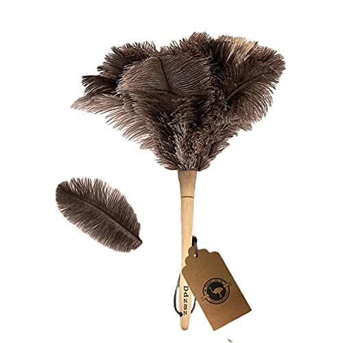 Genuine Ostrich Feather Duster Fluffy Natural with Wooden Handle and Eco-Friendly Reusable Handheld Cleaning Supplies, Gray and Brown(Length 16