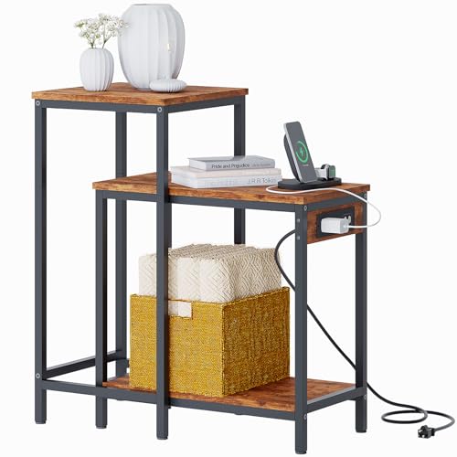 TRIFEBLE End Table Set of 2 with Charging Station, Narrow Side Tables, Industrial Stacking Side Tables, Corner Table for Small Spaces, Living Room Bedroom Table Sets, Rustic Brown