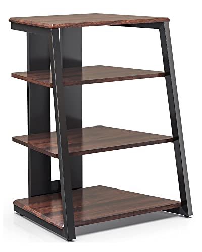 FITUEYES Design 4-Tier AV Media Stand Corner Shelf for Record Player Wooden Stereo Cabinet Audio Rack Tower with Height Adjustable Wooden Shelves for/Apple TV/Xbox One/ps4 (Walnut)