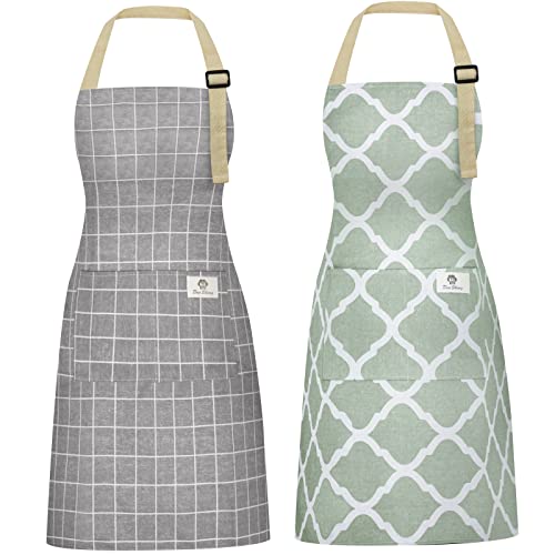 Riqiaqia 2 Pieces Aprons for Women with Pockets, Cotton Linen Waterproof Kitchen Cooking Aprons, Chef Apronfor Men Women with Adjustable Neck Strap and Long Ties(Grey/Green)