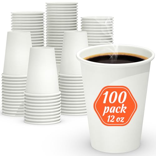 100 Count 12 oz Coffee Cups, Leak-Free Food Safe Paper Cups 12 oz, Disposable Coffee Cups, Hot Paper Coffee Cups 12oz, White Paper Cups for Cold and Hot Drinks