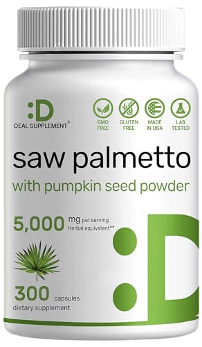 Saw Palmetto Supplement 5000mg with Pumpkin Seed, 300 Capsules | Promotes Prostate Health | DHT Blocker | Hair Growth Vitamins, Maintain Normal Urinary Frequency