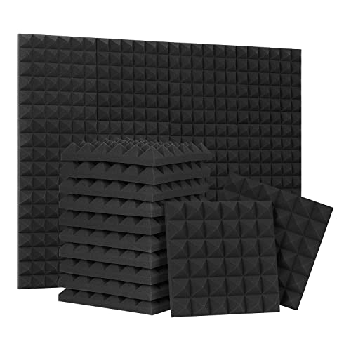 24 Pack-12 x 12 x 2 Inches Pyramid Designed Acoustic Foam Panels, Sound Proof Foam Panels Black, High Density and Fire Resistant Acoustic Panels, Sound Panels, Studio Foam for Wall and Ceiling