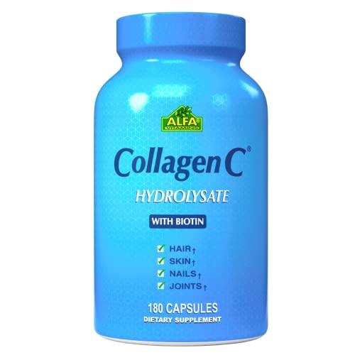 CollagenC - Collagen Hydrolysate Capsules with Biotin By Alfa Vitamins - Anti-Aging Nutritional Supplement for - Skin, Nails & Hair Rejuvenation - Supports Bone & Muscle Health - Made In USA - 180 Capsules