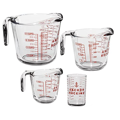 Anchor Hocking Glass Measuring Cups, 4 Piece Set (5 Ounce, 1 Cup, 2 Cup, 4 Cup liquid measuring cups)