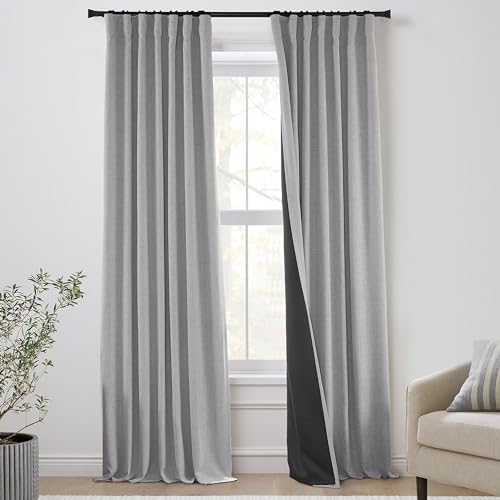 Soundproof Curtains Noise Cancelling Curtains for Office,2 Layer Thick Linen Heavy Blackout Acoustic Sound Absorbing Blocking Noise Reducing Curtains for Bedroom Window Studio,96 Inch Long,Light Grey