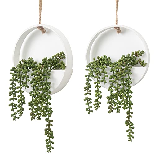 CEWOR Artificial Succulents Hanging Plants 2pcs Fake String of Pearls in Pot with Lanyard for Indoor Outdoor Wall Boho Wall Decor