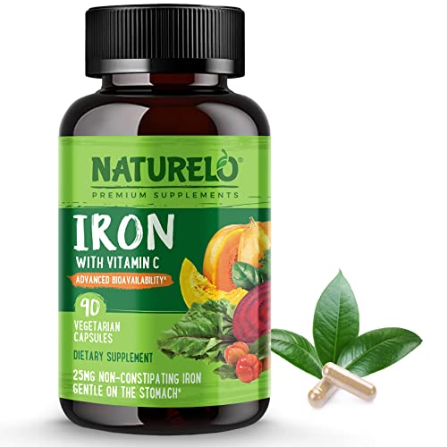 NATURELO Vegan Iron Supplement with Vitamin C and Organic Whole Foods - Gentle Pills for Women & Men w/Iron Deficiency Including Pregnancy, Anemia Diets 90 Mini Capsules