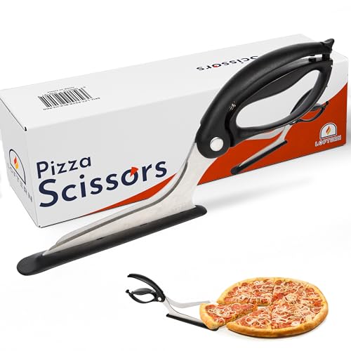 Loftern Pizza Scissors - Non-Stick Pizza Scissors with Firm Grip Base - Food Grade Stainless Steel Pizza Cutter - 5-in-1 Food Slicer & Pizza Server - Durable, Safe & Mess Free