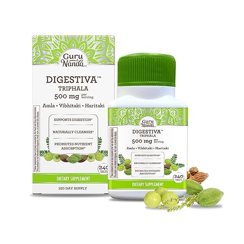 GuruNanda Digestiva Triphala - Dietary Supplement with Amla, Haritaki & Bibhitaki to Promote Nutrient Absorption, Support Digestion & Help with Bloating & Constipation - 240 Vegan Tablets