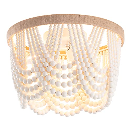 VILUXY Bohemia Wood Beaded Flush Mount Ceiling Light Antique Rustic Mini Chandelier White Finishing for Bedroom,Nursery Room, Girl Room, Hallway, Entryway, Passway, Dining Room, 3-Light