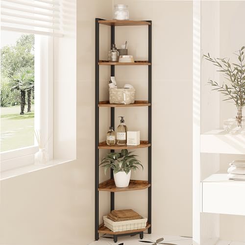 Hzuaneri Corner Shelf Stand, 6-Tier Corner Bookshelf, Storage Standing Shelf Unit with Metal Frame, Plant Stand, Corner Bookcase for Living Room, Home Office, Bedroom, Rustic Brown and Black CS06001B