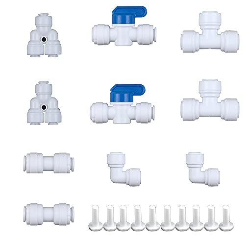 PureSec 1/4 Water Line Fittings 1/4 Push to Connect Fittings for 1/4 OD Tubing(1/4 Ball Valve+1/4 T fitting+Y+L+I, Pack of 10)