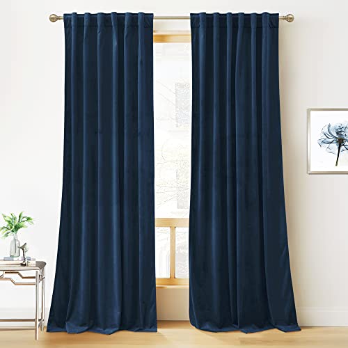 RYB HOME Blue Velvet Curtains 84 inches- Blackout Curtains for Living Room, Thermal Insulated Noise Reducing Panels Soft Luxury Window Decor for Kids Bedroom, Navy Blue, W52 x L84 inches, 2 Panels