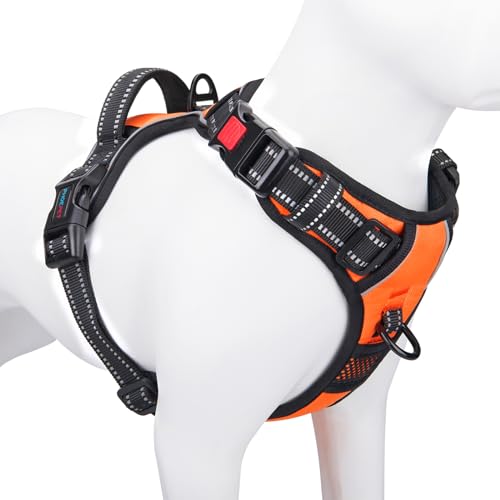 PHOEPET No Pull Dog Harness Medium Reflective Front Clip Vest with Handle,Adjustable 2 Metal Rings 3 Buckles,[Easy to Put on & Take Off](M, Orange)