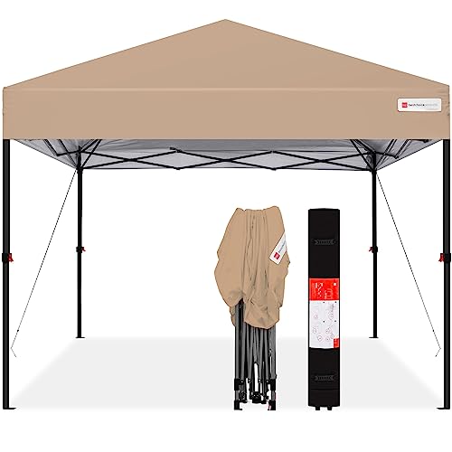 Best Choice Products 10x10ft 1-Person Setup Pop Up Canopy Tent Instant Portable Shelter w/ 1-Button Push, Straight Legs, Wheeled Carry Case, Stakes - Tan