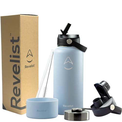 Revelist Sports Water Bottle - 32 Oz, 3 Lids (Straw Lid, Spout & Screw Top) with Boot, Vacuum Insulated Stainless Steel, Double Walled, Reusable Water Flask, Metal Canteen - Mist Blue