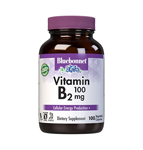 Bluebonnet Nutrition Vitamin B2 100 mg, For Cardiovascular and Nervous System Health, Soy-Free, Gluten-Free, Kosher Certified, Dairy-Free, Vegan, Non-GMO, 100 Vegetable Capsules, 100 Servings