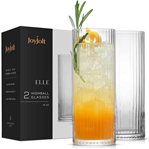 JoyJolt 16oz Fluted Highball Glasses - 2 Ribbed Tall Cocktail Tumblers for Gin, Juice, Water