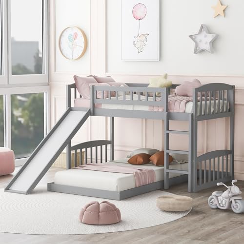 Morhome Twin Over Twin Bunk Bed with Slide and Ladder for Boys/Girls/Teens/Kids Bedroom, Wood Bed Frame with Safety Guardrail, No Box Spring Needed