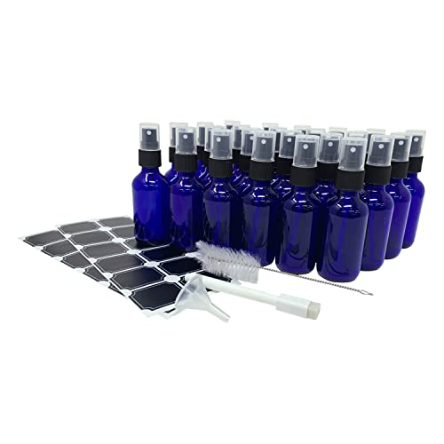 Nevlers 24 Pack 2 Oz Blue Small Glass Spray Bottles for Essential Oils - Perfume |Refillable Travel Size Spray Bottle Set Includes Sprayers - Funnel- Brush- Labels - Marker to Easily Identify Contents