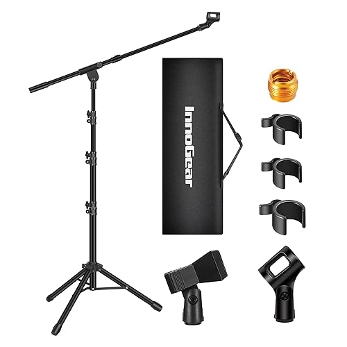 InnoGear Microphone Stand, Tripod Boom Arm Floor Mic Stand Height Adjustable Heavy Duty with Carrying Bag 2 Mic Clips 3/8