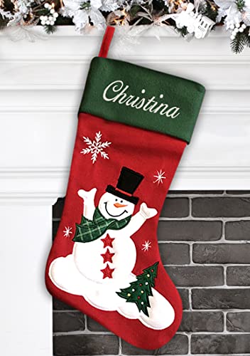 Personalized Christmas Stocking - Snowman Design - Embroidered Name - Large 18.5inch, Traditional Red and Green, Family Holiday Season Decor