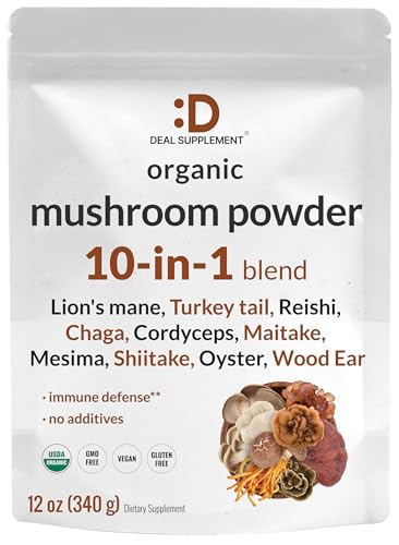 Organic Mushroom Powder Supplement, 12oz – 10 in 1 Active Blend – Turkey Tail, Lions Mane, Cordyceps, Chaga, with More – Supports Immune, Energy, & Brain Health – Non-GMO, Vegan