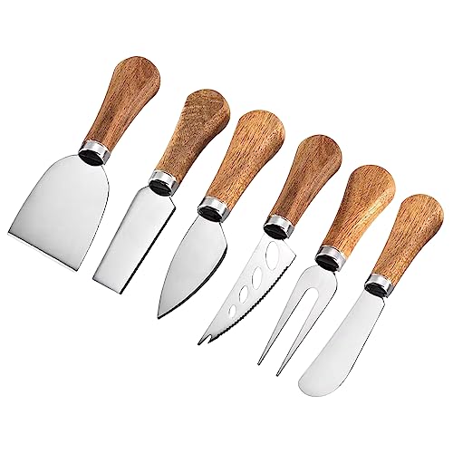 Guojanfon 6 Piece Cheese Knives Set with Wooden Handle, Mini Steel Stainless Cheese knife set for Charcuterie anCheese spread, Perfect for Cheese Slicer and Butter Cutter