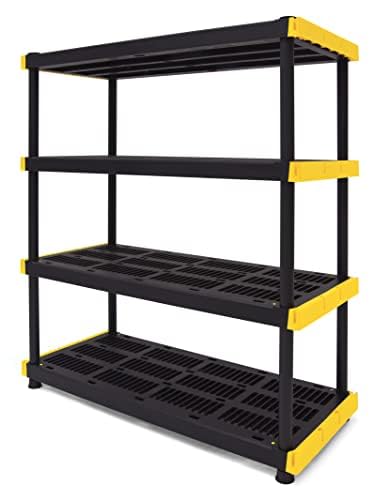 CX Black & Yellow®, 4-Tier Heavy Duty Plastic Storage Shelving Unit, 200lbs/shelf (55”H x 48”W x 20”D), for Indoor/Outdoor Organization, Modular Rack