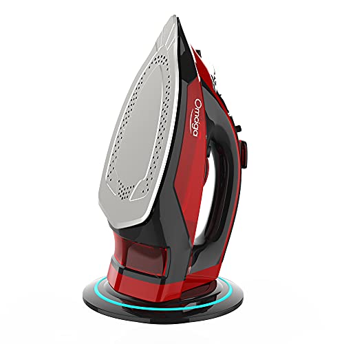 OMAIGA Cordless Iron, 1500W Cordless Iron with Steam with 11.84ozs Water Tank, Anti Drip Iron Cordless with Ceramic Soleplate, Cordless Iron for Clothes with 3 Temperature Settings-Red