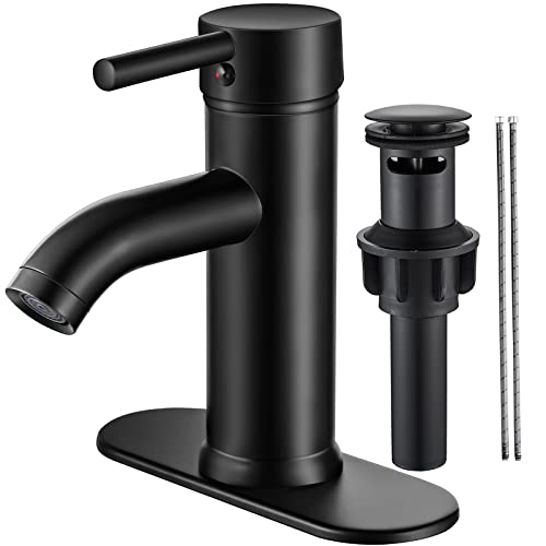 Black Bathroom Faucet Single Hole Bathroom Sink Faucet Matte Black Single Handle Vanity Basin Faucet Modern Farmhouse RV Bathroom Faucet with pop-up Drain Suitable for 1 or 3 Holes (Black, Short)