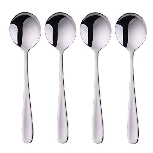 7-Inch Soup Spoons, Baikai Bouillon Spoon,18/10 Stainless Steel Finished Table Dinner Spoons Set of 4 (Silver)