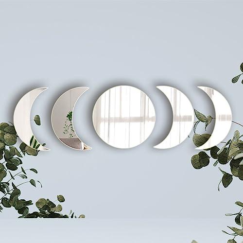 5 Pieces Acrylic Mirror Wall Stickers Natural Wall Decor Self Adhesive Mirrors Stickers Moon Phase Mirror Bohemian Wall Decoration for Home Living Room Bathroom Bedroom Decor (15cm)
